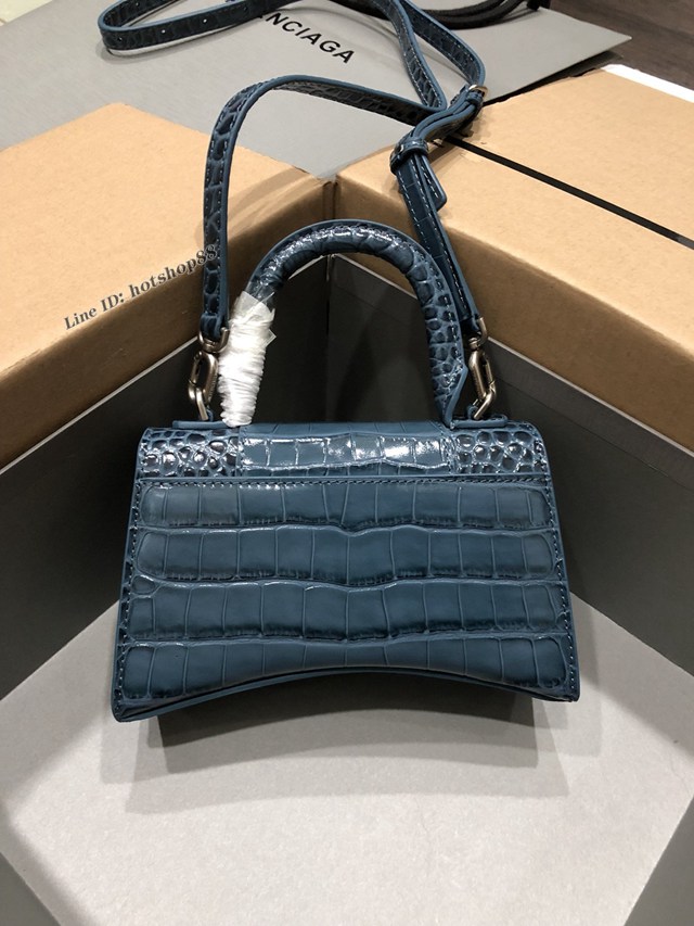 Balenciaga專櫃爆款小號手提女包 巴黎世家鱷魚灰藍色銀扣Hourglass沙漏包 fyj1643